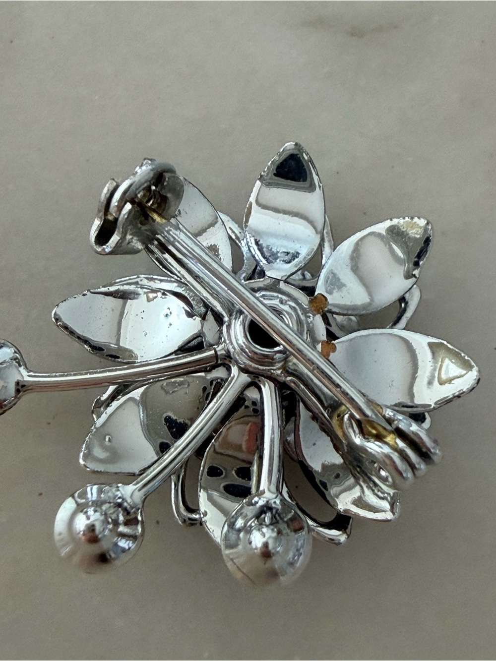 Vintage 60's 70's Flower Brooch Silver Black Enamel Dangle Pin Atomic Starburst - Picture 5 of 9